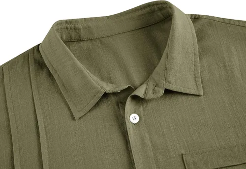 Vista 3 de Ryannology Camisas guayabera de lino de manga corta con botones para hombre, estilo casual, playa, campamento cubano, camisa mexicana para hombre