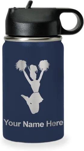 Vista 52 de LaserGram Botella de agua con tapa abatible de doble pared de 12 onzas con pajita, animadora, grabado personalizado incluido (negro)