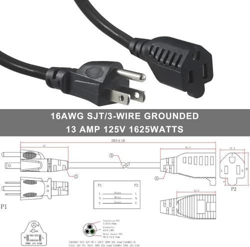 Vista 3 de Cable de extensión de alimentación corto – 8 pulgadas, 3 clavijas, protector de toma de tierra 16AWG/13A, cable de alimentación resistente