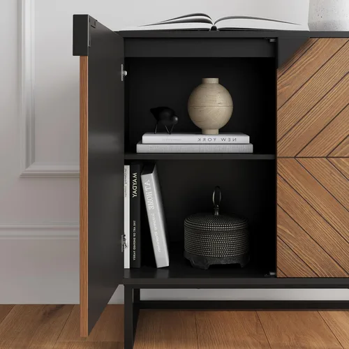 Vista 9 de Nathan James Enloe Aparador Buffet Moderno Gabinete de Almacenamiento de Acento Negro con Puertas en Acabado de Madera de Pino Rústico y Base