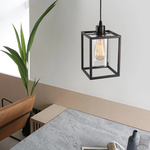 Vista 6 de Luces colgantes negras para isla de cocina, lámpara colgante de farol industrial con pantalla de vidrio transparente, iluminación colgante de altura