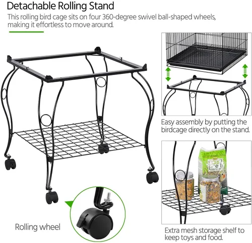 Vista 6 de Yaheetech - Jaula para pájaros de 150 cm, de pie, rodante, de cúpula media, con parte superior abierta, para loros, cacatúas, conuras del sol
