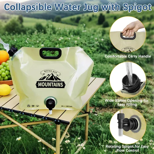 Vista 3 de Jarra de agua plegable de 2.1 galones con espita, bolsa de agua portátil sin BPA, bolsas de agua plegables para senderismo al aire libre, viajes