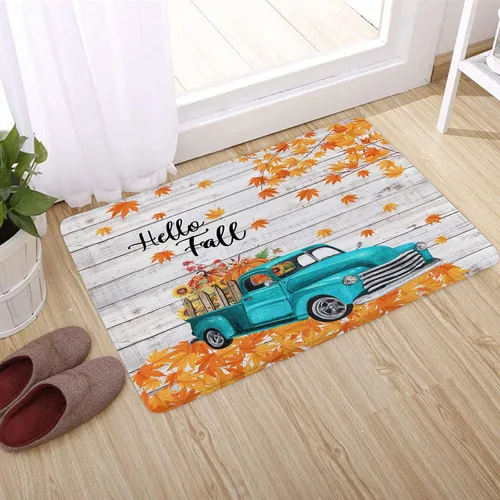 Vista 5 de Alfombra de baño con diseño de girasol amarillo otoñal y calabaza naranja sobre camión azul vintage, tapete de baño con texto en inglés "Hello