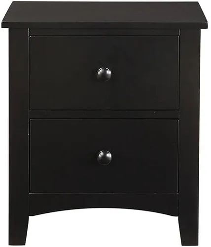 Vista 2 de Mesita de noche con acabado negro, 2 cajones, chapa de pino, madera MDF, 1 unidad, mesita de noche moderna