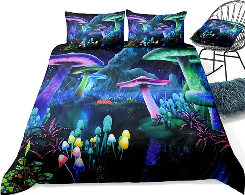 Vista 2 de Juego de funda de edredón psicodélico de fantasía con diseño de hongos psicodélicos, galaxia, verde cielo, morado, diseño de hongos estrellados, #1