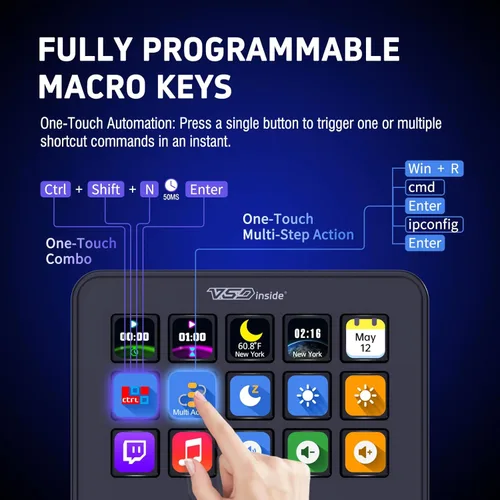 Vista 2 de VSDINSIDE Macro Keypad, Stream Controller Deck Gaming Streaming Shortcut Keyboard, 18 Programmable Keys Customizable Visual AI Pad USB Soundboard