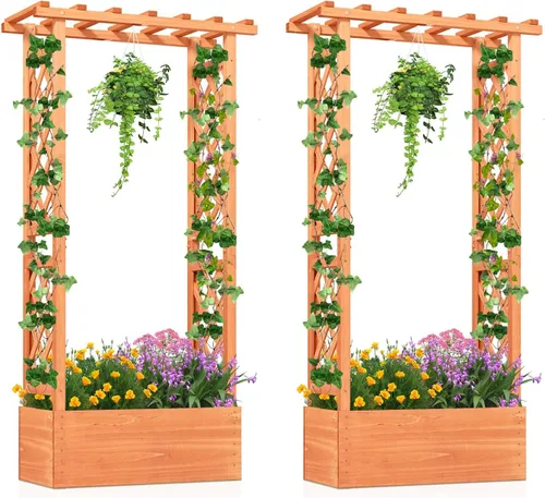 Vista 11 de HAPPYGRILL Cama de jardín elevada con enrejado y techo colgante