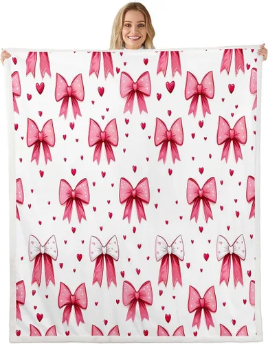 Vista 14 de Manta de franela de forro polar con lazos rosados femeninos de 40 x 50 pulgadas, manta mullida de corazones para el día de San Valentín para sofá