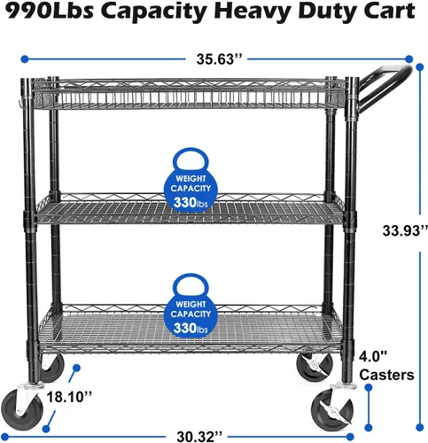 Vista 4 de WDT - Carrito rodante utilitario de capacidad 990 libras de alta resistencia, carritos rodantes NSF con ruedas, carrito de metal de grado comercial