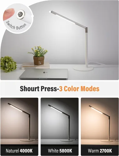 Vista 2 de Lámpara LED de escritorio, lámpara de ojo de oficina en casa, 3 modos, brillo infinitamente ajustable, metal, ajuste multiángulo, lámpara de Blanco