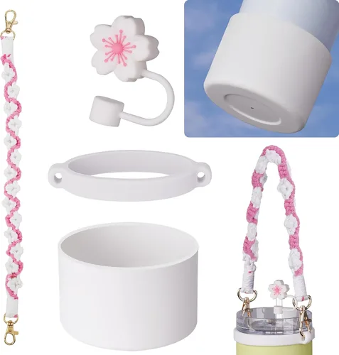 Vista 8 de NiHome Kit de Accesorios para Vaso Stanley de 14 onzas, Incluye Correa de Asa Tejida a Mano, Anillo de Silicona, Tapa de Pajita de Silicona y Rosa