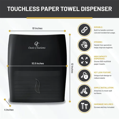 Vista 4 de Oasis Creations - Dispensador de toallas de papel sin contacto para montaje en pared, capacidad para 500 toallas de papel multipliegues, color negro