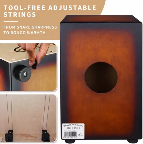 Vista 3 de GECKO Cajon BOX - Caja de percusión de madera con cuerdas internas ajustables para guitarra