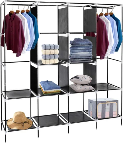 Vista 6 de Organizador portátil de almacenamiento de ropa de armario de 67 pulgadas con 12 estantes y 4 bolsillos laterales, tela no tejida duradera