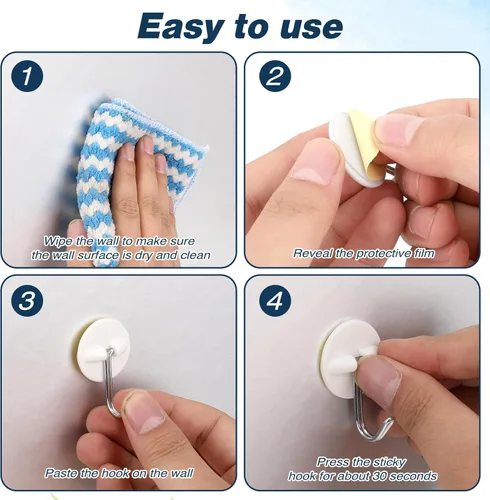 Vista 4 de 24 ganchos redondos de plástico, pequeños ganchos autoadhesivos para colgar, blanco, impermeable y a prueba de aceite para utensilios de cocina