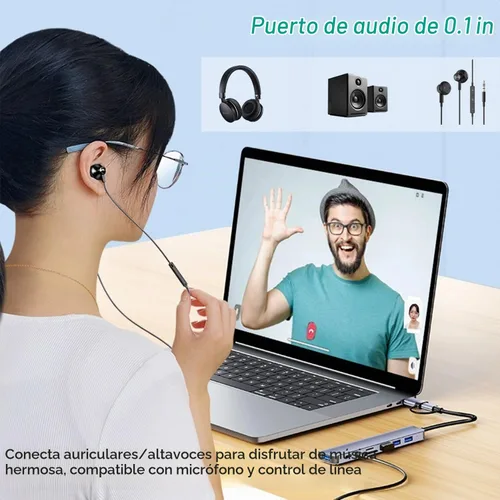 Vista 5 de Hub USB C Hub USB 3.0, extensor USB 8 en 1 de aluminio VIENON con lector de tarjetas SD/TF, conector auxiliar de auriculares de 3.5mm para MacBook