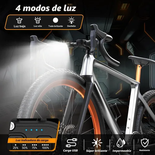 Vista 2 de Bright LED Bike Light for Night Riding,2025 Upgraded Rechargeable Bicycle Lights Set 5 Modes IPX6 Waterproof MTB Off-Road Cycling Commuting