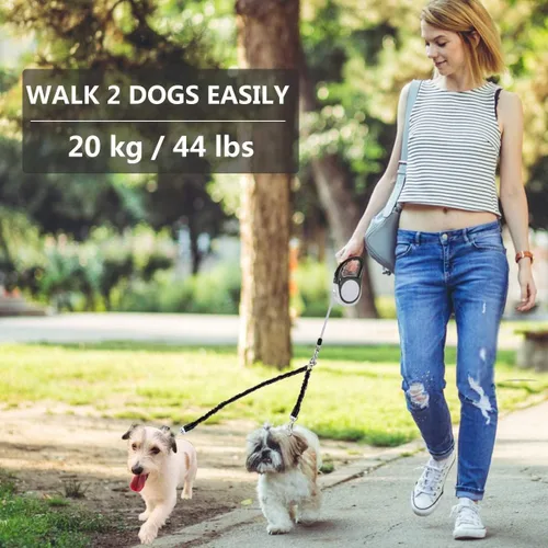 Vista 5 de Correa retráctil doble para perros de raza pequeña (hasta 44 libras cada una) – Correa extensible de doble cabeza de 16 pies para mascotas