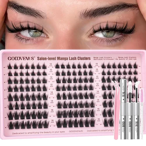 Vista 18 de Goddvenus Manga Lash Racimos de 12-0.551-0.630 in Natural Wispy Fairy Racimos de pestañas 144 extensiones de pestañas en racimo mullidas Anime