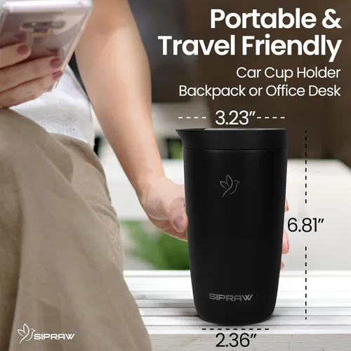 Vista 7 de Taza de café de viaje de 12 onzas, taza de café aislada de acero inoxidable con tapa a prueba de fugas para bebidas calientes y frías, sin BPA, Negro