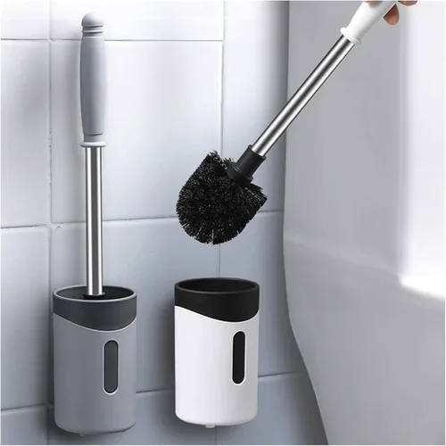 Vista 6 de Escobilla de inodoro de acero inoxidable para el hogar, cepillo de silicona de mango largo, cepillo de limpieza de baño con soporte (blanco gris)