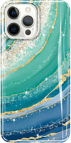 Vista 7 de luolnh Funda dorada con purpurina brillante compatible con iPhone 14 Pro, diseño de mármol, a prueba de golpes, delgada, de silicona suave, funda