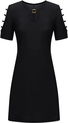 Vista 4 de Ruziyoog Vestidos de verano para mujer, holgados, casuales, de manga corta, con huecos, hombros descubiertos, vestido midi acampanado hasta