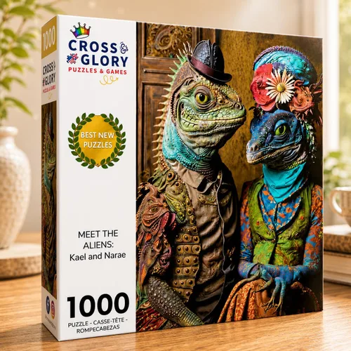 Vista 2 de Cross & Glory - Conoce a los alienígenas: Kael y Narae - Rompecabezas de 1000 piezas Historia de amor intergaláctica Rompecabezas alienígenas