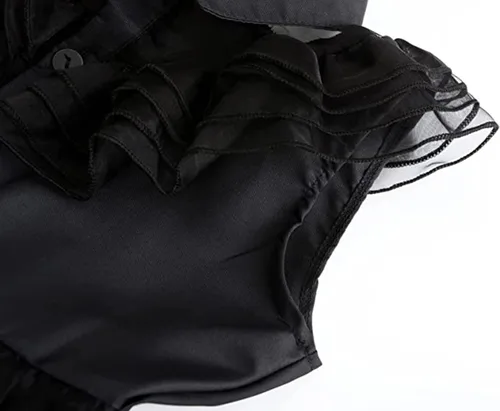 Vista 6 de Meiniyea Disfraz de miércoles Addams para niñas, disfraz casual para niños, disfraz de Halloween, cosplay, vestido de fiesta, color negro