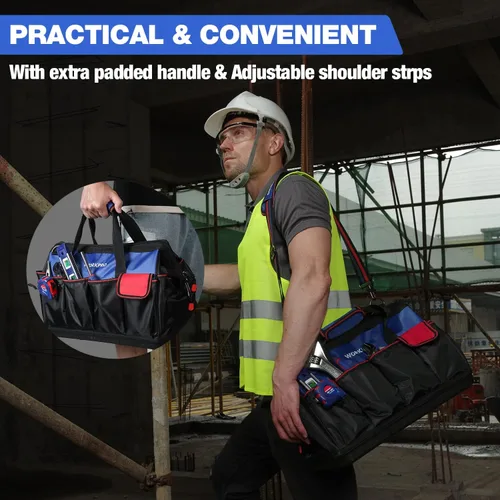 Vista 6 de WORKPRO Bolsa de herramientas, bolsa de herramientas de 18 pulgadas con base moldeada impermeable, bolsa organizadora de herramientas de tapa