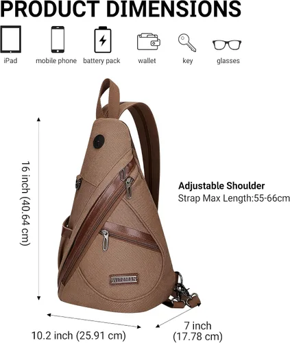 Vista 6 de WITZMAN Bolso bandolera de lona para hombres y mujeres, mochila convertible cruzada, estilo vintage, bolsa de pecho de viaje casual (A8003 marrón)