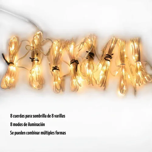 Vista 3 de Luces para sombrilla de patio, 8 modos de iluminación, 104 luces LED con control remoto, funciona con pilas, impermeable, decoración al aire libre