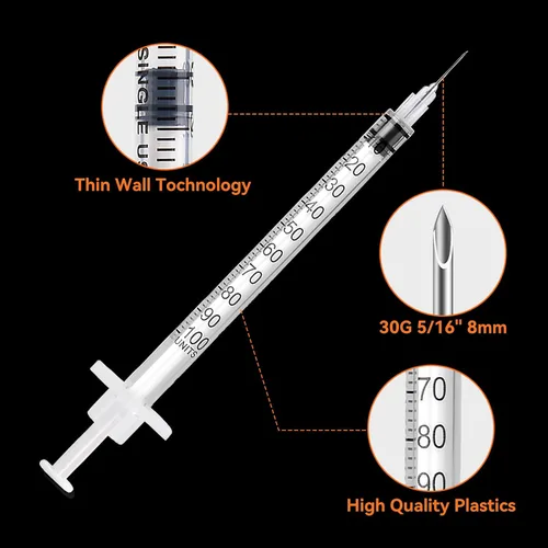 Vista 6 de Paquete de 50 jeringas U-100 30G 5/16" 0.0 fl oz/cc, jeringa desechable, suministros de laboratorio