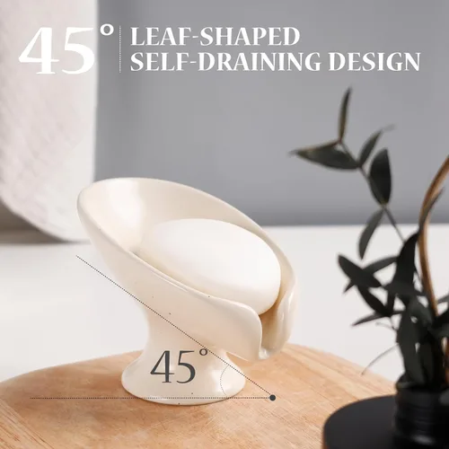 Vista 3 de Jabonera, Jabonera Autodrenante para Barra de Jabón para Fregadero de Baño, Jabonera de Cerámica con Forma de Hoja y Drenaje, Jabonera de Porcelana