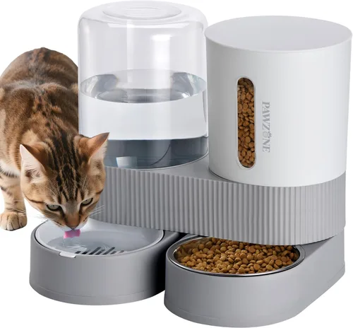 Vista 8 de Paquete de 2 alimentadores automáticos para gatos, dispensador de agua de acero inoxidable, alimentador de alimentos por gravedad y bebedero