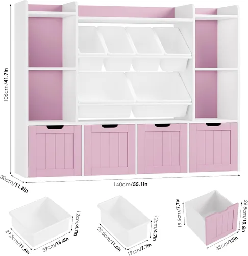 Vista 7 de FINETONES Organizador de almacenamiento de juguetes de 55.1 pulgadas con 6 cubos de juguetes, organizador grande de juguetes, estantería para niños