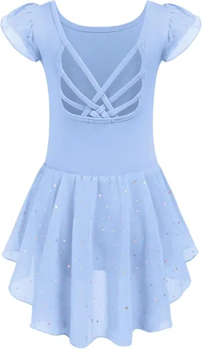 Vista 11 de Arshiner - Malla de ballet con mangas de volantes brillantes y falda con espalda cruzada para niñas Floral rosa aguamarina