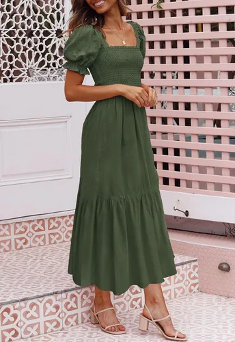 Vista 4 de ZESICA - Vestido de verano largo para mujer, diseño acampanado con cuello cuadrado y volantes, estampado floral y bohemio, para la playa