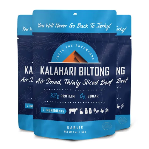 Vista 7 de Ajo Kalahari Biltong, carne de res en rodajas finas secadas al aire, 2 onzas (paquete de 1), sin azúcar, sin gluten, keto y paleo, aperitivo alto
