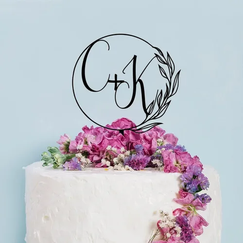 Vista 3 de Decoración acrílica personalizada para tarta de boda, monograma, iniciales de novio, nombres grabados, decoración negra para tartas de boda