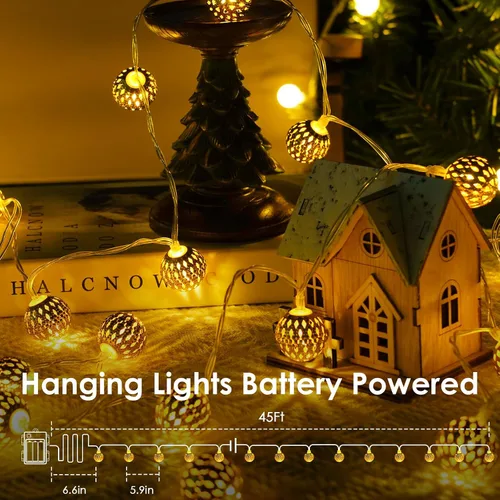 Vista 2 de LORRYTE Luces de Navidad marroquíes para exteriores operadas por batería, 60 LED de 36 pies, luces de globo de hadas con 8 modos de iluminación