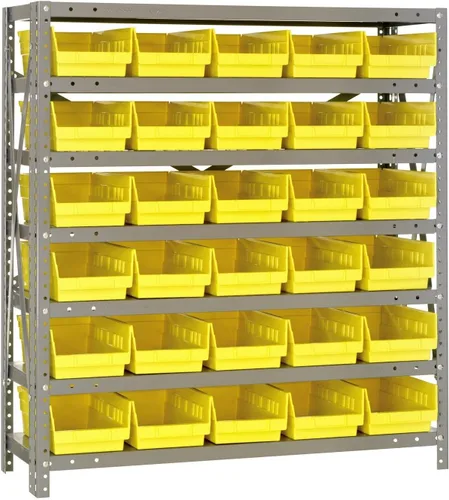 Vista 120 de Quantum QSBU-245BK Heavy Duty Shelving Unit with (7) Shelves and (24) QUS245 Black Bins for Garage Warehouse Storage Distribution 400 lb Load