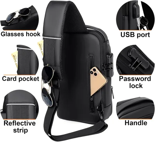 Vista 3 de Pequeñas bolsas antirrobo para hombre, mochila con correa USB, impermeable, ligera, con una correa, Negro -, Mochilas Daypack