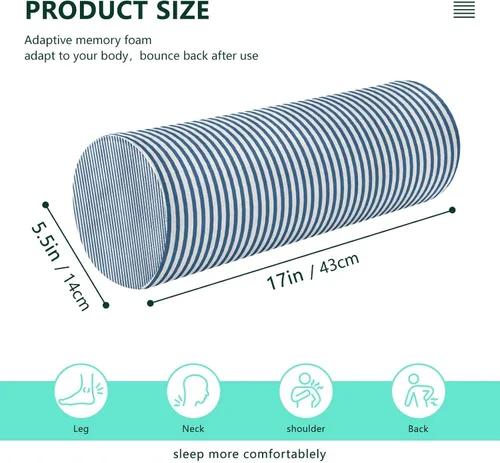 Vista 3 de Rollo cervical para el cuello, almohada redonda de rayas azules y blancas, almohada de espuma viscoelástica lavable, almohada de refuerzo