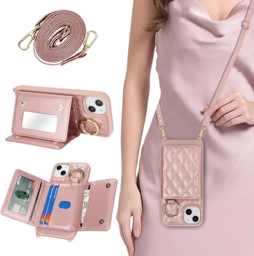 Vista 20 de Funda para iPhone 14 con tarjetero y correa para mujer, cordón cruzado, espejo de maquillaje, soporte de anillo, cierre a presión, bonitas fundas