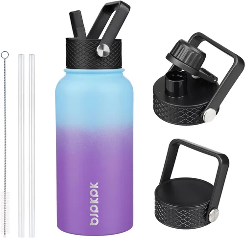 Vista 28 de BJPKPK Botellas de Agua Aisladas con Tapa de Pajita, Botella de Agua de Acero Inoxidable de 18oz, Termo Frío Caliente con 3 Tapas, Vaso de Viaje a
