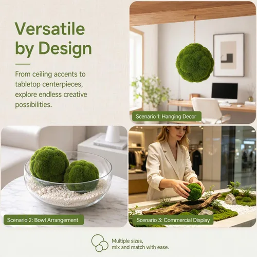 Vista 9 de Cabilock Bolas de musgo verde decorativas para rellenar cuencos, 2 piezas de centro de mesa artificiales, bolas topiarias, grandes y pequeñas, rocas
