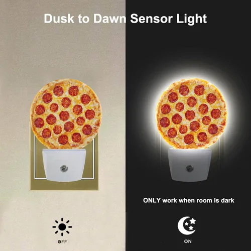 Vista 2 de EKOBLA Luz nocturna enchufable para pizza, patrón de comida de queso y salchichas, luz nocturna LED con sensor automático para habitación