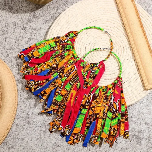 Vista 2 de Bonuci 2 pares de aretes de borla de tela africana Ankara con flecos, aretes africanos para el mes de la historia negra, joyería africana para mujer